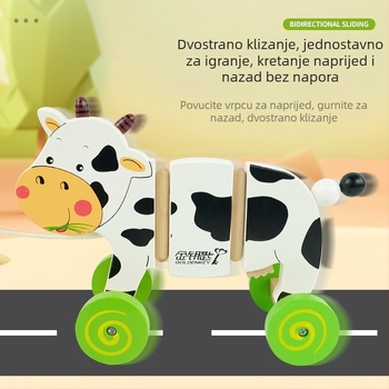 Drveni vučni kolica s mliječnom kravom za djecu 4–6 godina — edukativna igračka za rano učenje
