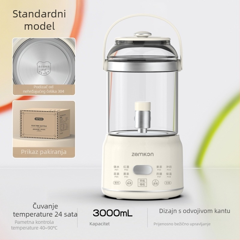 Zemkon Lonac za zdravlje za čaj s tijelom od visokou borosilikatnog stakla, 3 L, 800 W, 220 V, digitalni termostat, dodirno upravljanje, model RC-Z830D35