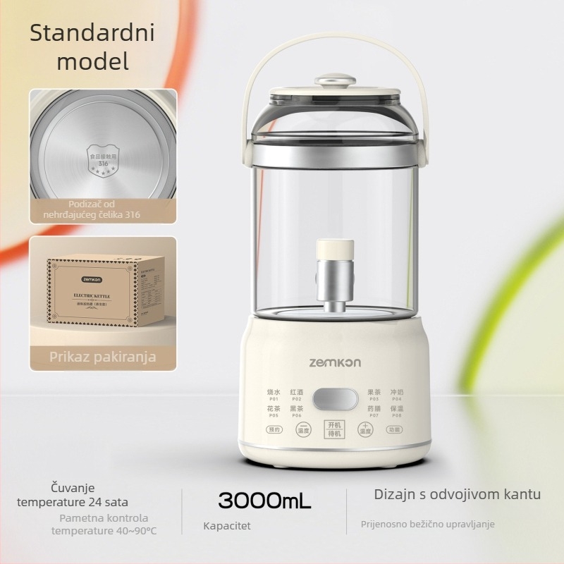 Zemkon Lonac za zdravlje za čaj s tijelom od visokou borosilikatnog stakla, 3 L, 800 W, 220 V, digitalni termostat, dodirno upravljanje, model RC-Z830D35