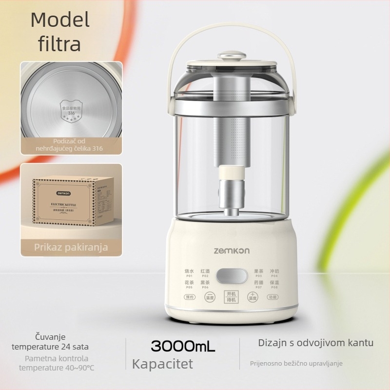 Zemkon Lonac za zdravlje za čaj s tijelom od visokou borosilikatnog stakla, 3 L, 800 W, 220 V, digitalni termostat, dodirno upravljanje, model RC-Z830D35