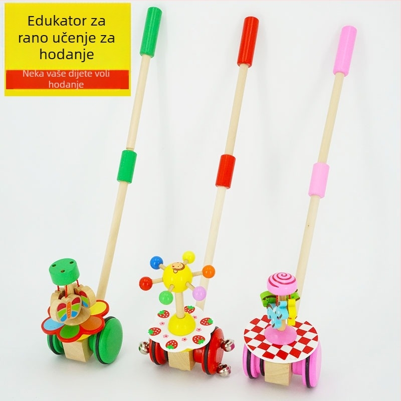 Drvena guranja igračka za dojenčad 0–2 godine, s leptirovom rotirajućom šipkom, potiče senzorni razvoj, vizualni i kognitivni razvoj te koordinaciju ruka-oko