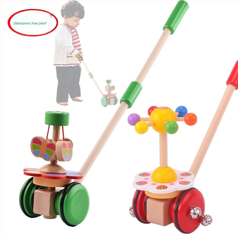 Drvena guralica igračka za bebe – edukativna kolica s crtanim životinjama, uzrast 0–3 godine