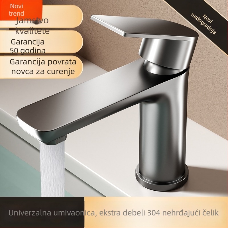 Nehrđajući čelični slavina za umivaonik u kupaonici s toplom i hladnom vodom, keramički disk ventili, 0-90°C, model 966