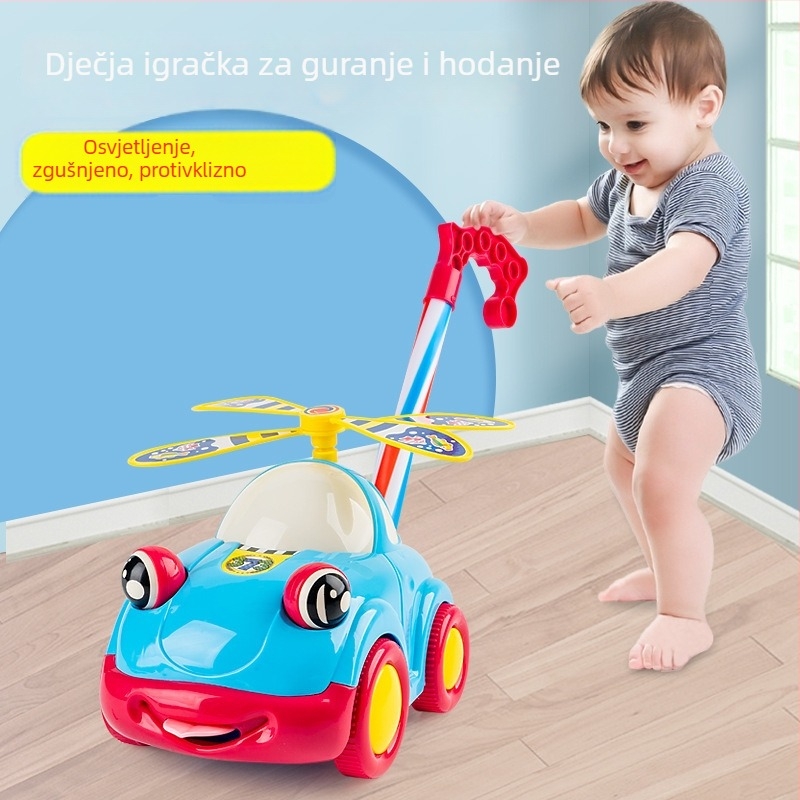 Dječje vučno igračko auto s dvodijelnom štapom, zvončićem i pomičnim očima; plastična konstrukcija; pakirano u vrećici; za uzrast 4–6 godina.
