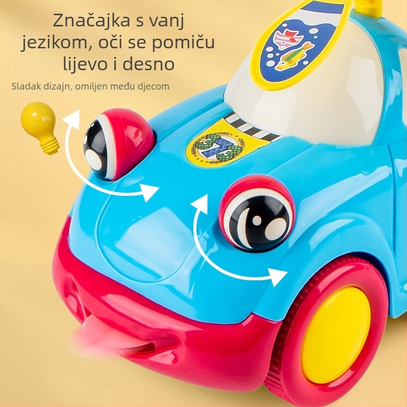 Dječje vučno igračko auto s dvodijelnom štapom, zvončićem i pomičnim očima; plastična konstrukcija; pakirano u vrećici; za uzrast 4–6 godina.
