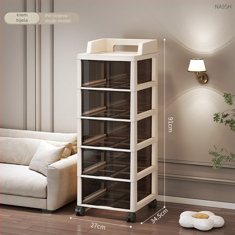 Spremnik za pohranu sa šest slojeva i ladicama, pomični, stoji na podu, plastičan