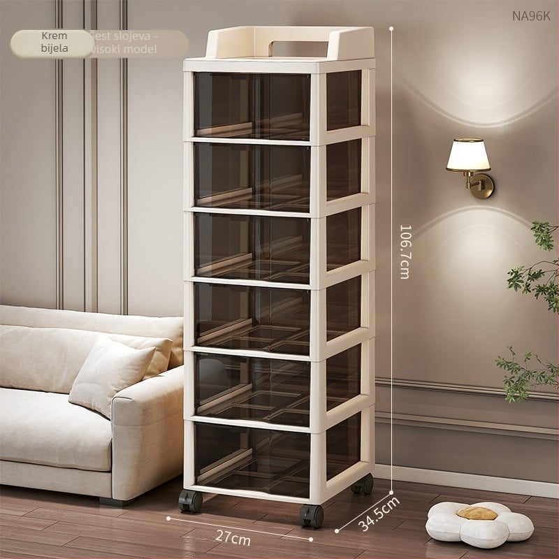 Spremnik za pohranu sa šest slojeva i ladicama, pomični, stoji na podu, plastičan