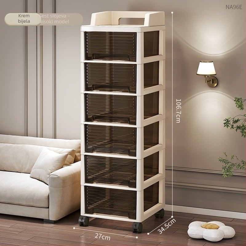 Spremnik za pohranu sa šest slojeva i ladicama, pomični, stoji na podu, plastičan