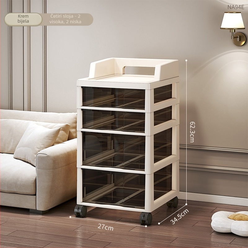 Spremnik za pohranu sa šest slojeva i ladicama, pomični, stoji na podu, plastičan