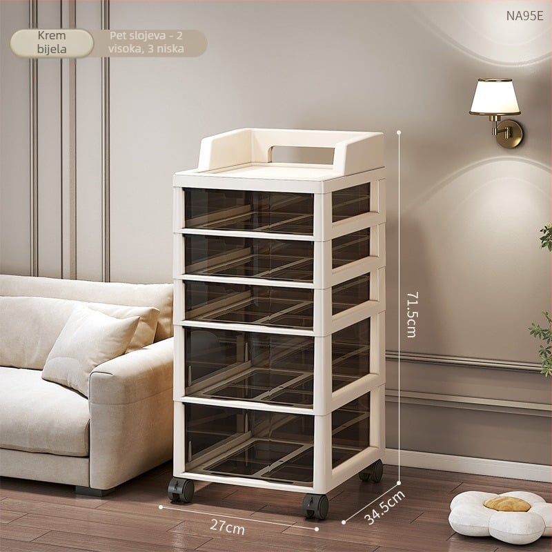 Spremnik za pohranu sa šest slojeva i ladicama, pomični, stoji na podu, plastičan