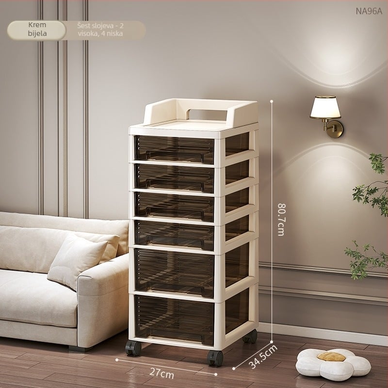 Spremnik za pohranu sa šest slojeva i ladicama, pomični, stoji na podu, plastičan