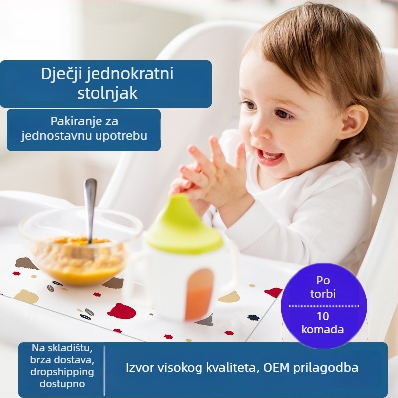Jednokratna papirnata podloga za stol za bebe i djecu; otporna na masnoće i prljavštinu; mogućnost prilagodbe