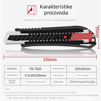 Art nož FD-09A, 18 mm oštrica, zamjena oštrice pritiskom šipke, izvučna oštrica, skladišti 1 oštricu, serija Art Knife