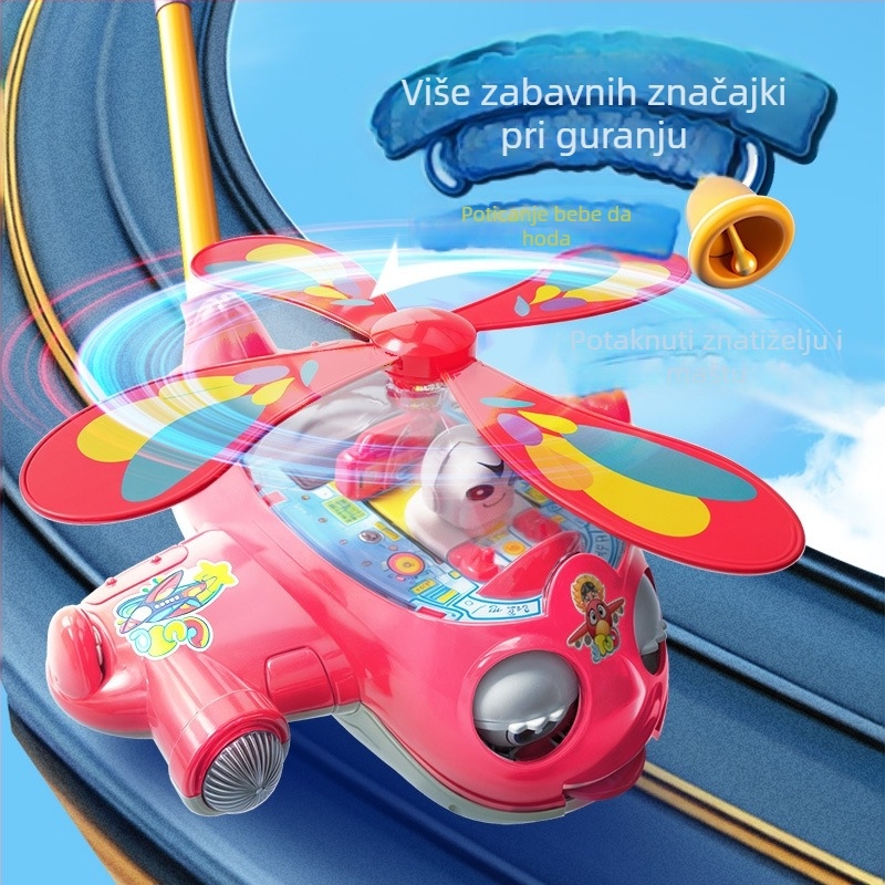 Pomoćna hodalica za guranje i učenje – motiv zrakoplova, protuklizna ručka, zvončić, plastika, za djecu 0–3 godine, vanjska upotreba