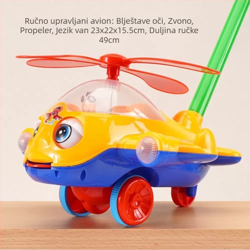 Pomoćna hodalica za guranje i učenje – motiv zrakoplova, protuklizna ručka, zvončić, plastika, za djecu 0–3 godine, vanjska upotreba