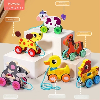 Drvena vučna hodalica za djecu s crtanom životinjom, uzrast 4–6 godina; materijal: drvo; marka: Big hand in small hand; potiče koordinaciju ruka-oko