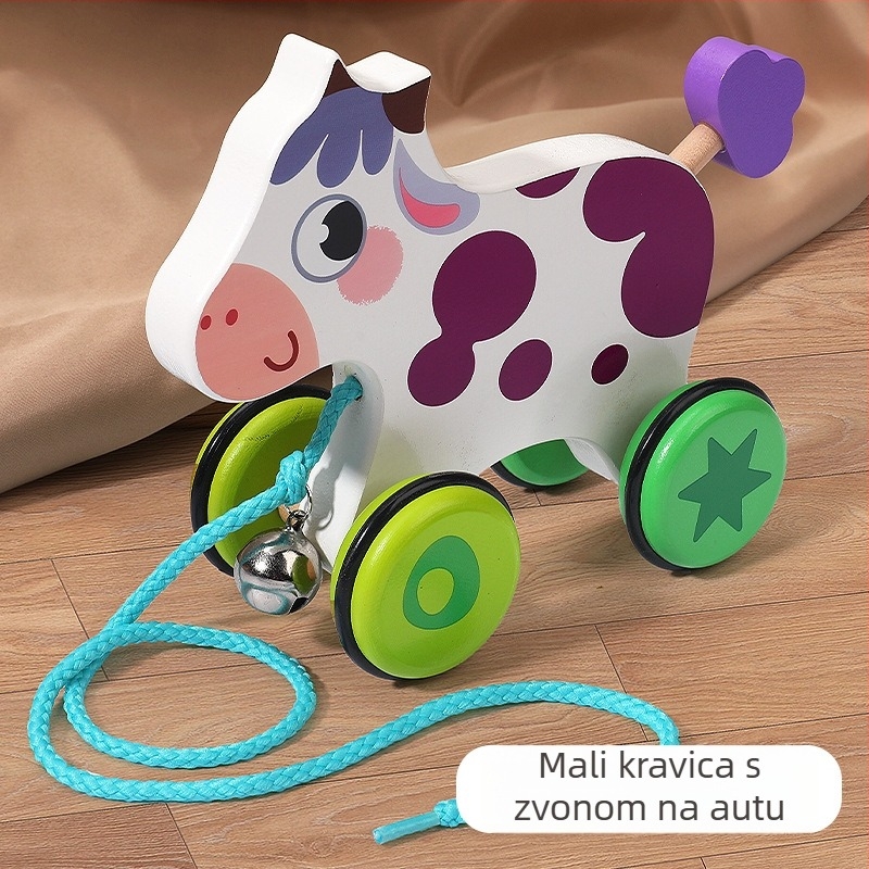 Drvena vučna hodalica za djecu s crtanom životinjom, uzrast 4–6 godina; materijal: drvo; marka: Big hand in small hand; potiče koordinaciju ruka-oko