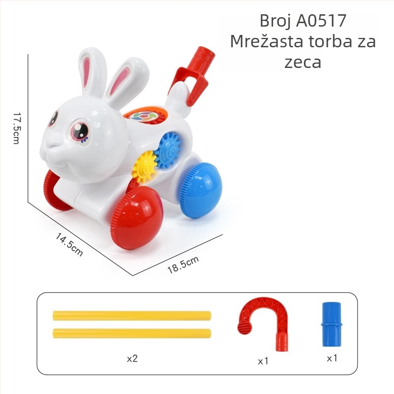 Dječja hodalica-igračka s likovima životinja (pterozaur, rak, bubamara, zeka) — plastična, s jednim štapom, glazbeno zvono, ljulja i rotira