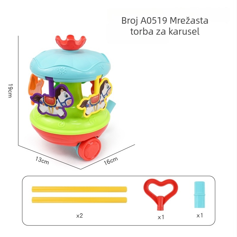 Dječja hodalica-igračka s likovima životinja (pterozaur, rak, bubamara, zeka) — plastična, s jednim štapom, glazbeno zvono, ljulja i rotira