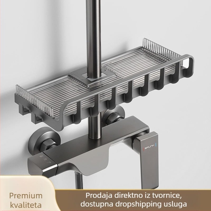 Kupaonska polica za pohranu s tuš šipkom, plastika, elektroplatirana završna obrada, nosivost 5–10 kg, 1 razina, stil Light Luxury
