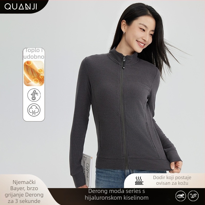 Ženska velur bluza-sviter s stojećim ovratnikom i zatvaračem, Slim Fit, dugi rukavi, japansko-korejski casual stil, vlakno regenerirane celuloze