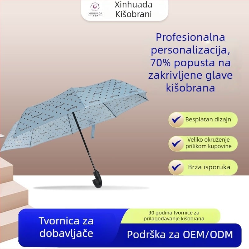 Automatski poslovni kišobran s 8 rebara, zakrivljenom drškom, željeznim rebrima, trodijelni sklop, za sunce i kišu