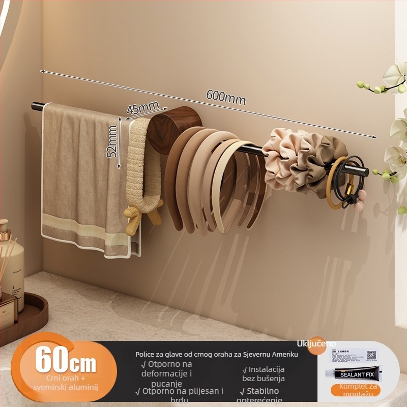Držač za ručnike od orahovog drveta za kupaonicu, bez bušenja, minimalistički dizajn, jedna šipka