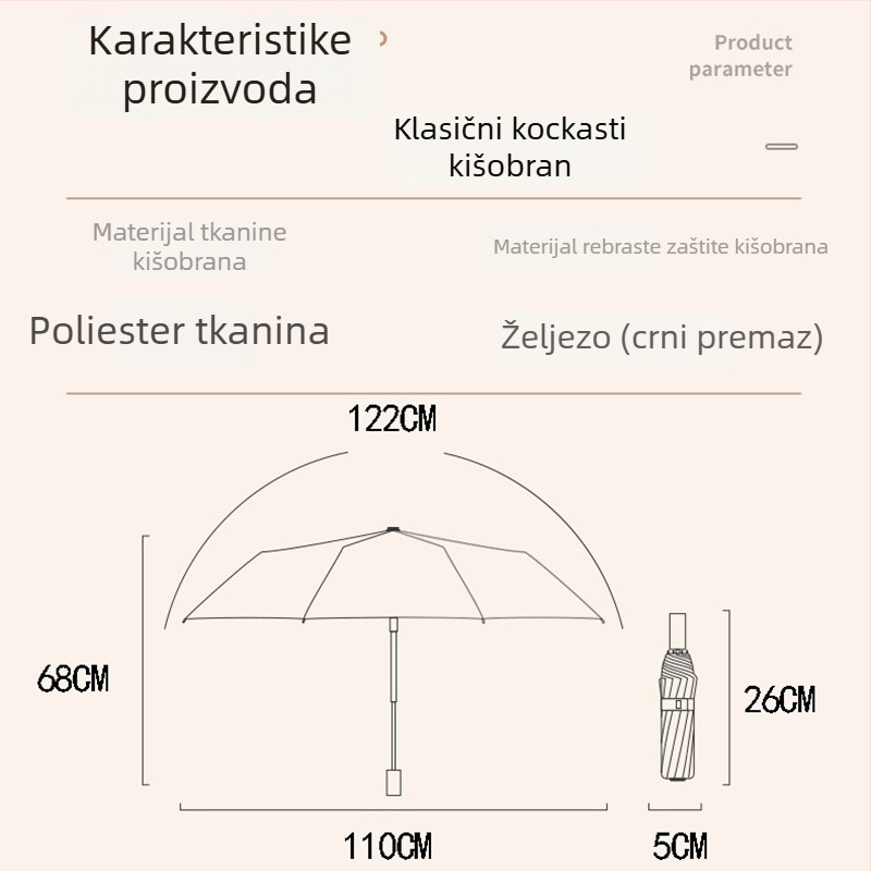 Kišobran za odrasle s kariranim uzorkom, 8 željeznih rebara, ručno otvaranje, tisak logotipa, UPF >50, britanski stil