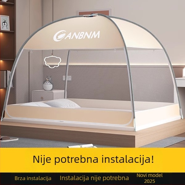 Mreža protiv komaraca za krevet, stil mongolske jurte, bez montaže, sklopiva, dvostruka vrata, fiberglas