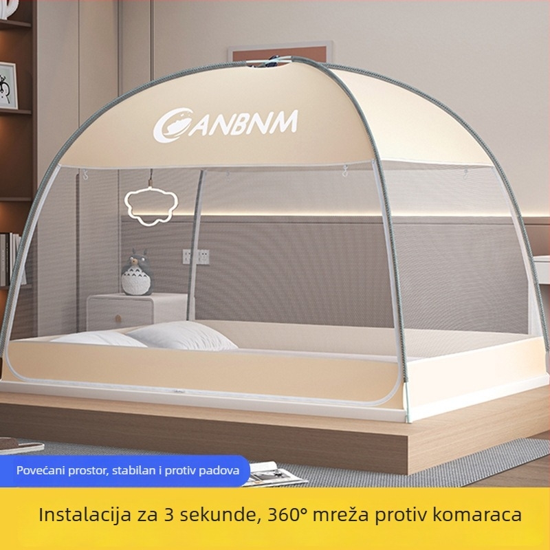 Mreža protiv komaraca za krevet, stil mongolske jurte, bez montaže, sklopiva, dvostruka vrata, fiberglas