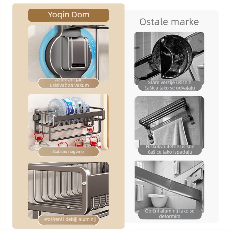 Držač za ručnike bez bušenja za kupaonicu, usisna čašica, aluminijska legura, mrežasti koš