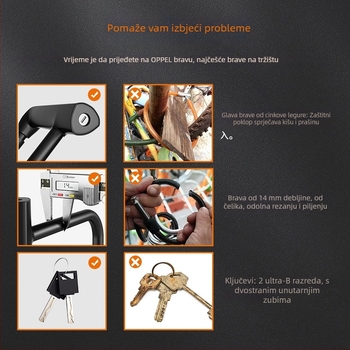 OPEL UC-K-1 Željezni U-oblik Zatvarač za Bicikl i Električno Vozilo — protiv udara, protiv provale, vodootporan, 0,6 kg