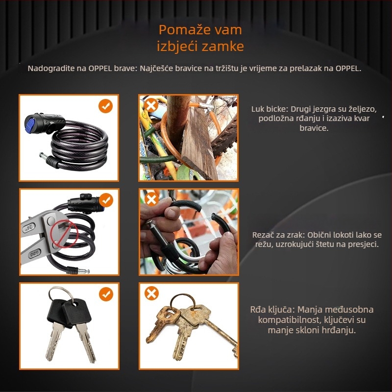 Sklopivi sigurnosni katanac za bicikl s čeličnim sajlom, model JTS, marka OPEL, za cestovne bicikle, 270 g