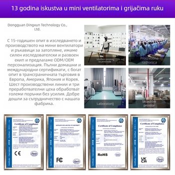USB ručni mini ventilator s unutarnjom baterijom, 5 lopatica, motor bez četkica, 5 brzina, trajanje baterije 6–8 sati.