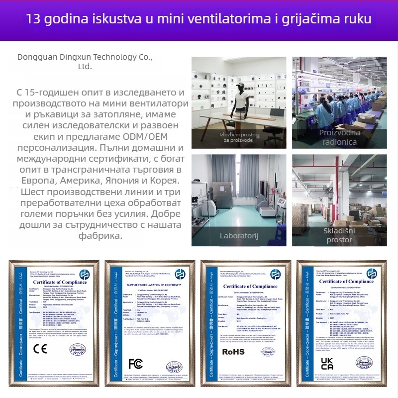 USB ručni mini ventilator s unutarnjom baterijom, 5 lopatica, motor bez četkica, 5 brzina, trajanje baterije 6–8 sati.