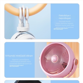 Ručni ventilator s osam krakova za kolica i putovanja, USB punjenje, ugrađena baterija 800–1000 mAh, 3 lopatice, 3 brzine, buka 36–45 dB