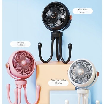 Ručni ventilator s osam krakova za kolica i putovanja, USB punjenje, ugrađena baterija 800–1000 mAh, 3 lopatice, 3 brzine, buka 36–45 dB