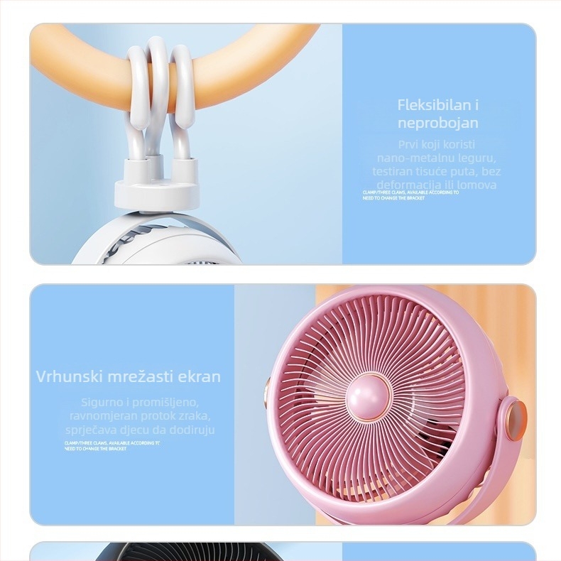 Ručni ventilator s osam krakova za kolica i putovanja, USB punjenje, ugrađena baterija 800–1000 mAh, 3 lopatice, 3 brzine, buka 36–45 dB
