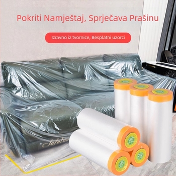 PE film za zaštitu od prašine za kućnu upotrebu, maskirajući film za namještaj i zidove, jednokratna dekorativna plastična folija, serija filmova za zaštitu od prašine, debljina 0,006 mm, papirno jezgro, ljepilo na bazi topljenja