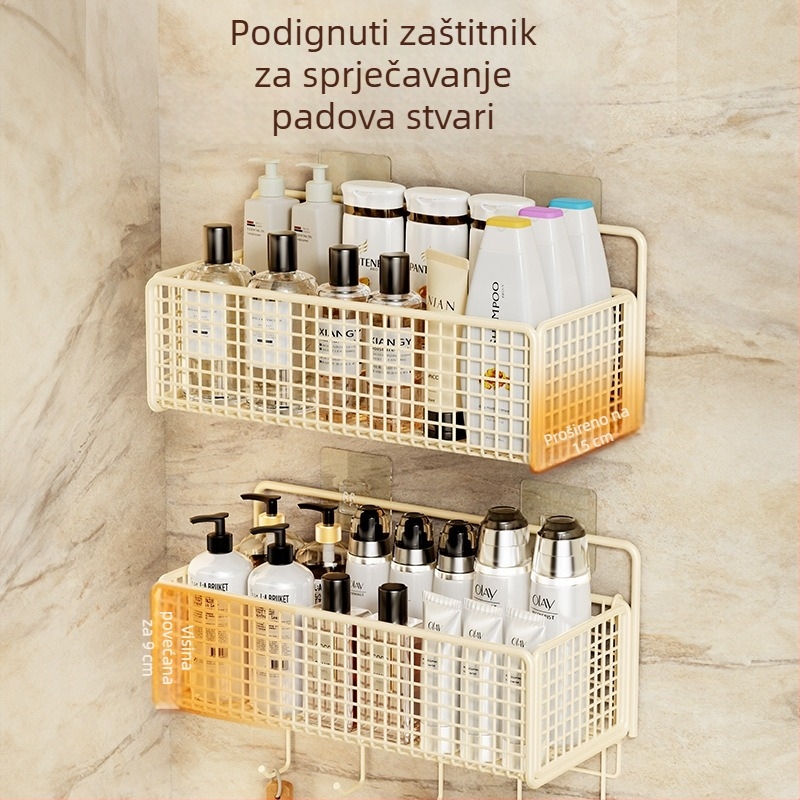 Zidni regaľ za skladištenje s visećim košem, bez bušenja, 1 razina, završna obrada pečene boje, moderni minimalistički stil