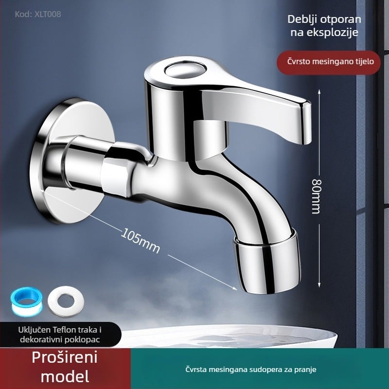 Kran za perilicu rublja, čisti bakar, ugrađen u zid, 20 mm ulaz/izlaz, keramički disk ventila, brušeni završetak