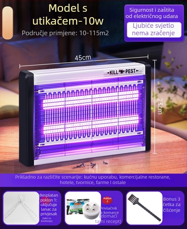 Zidna LED lampa za komarce s privlačenjem svjetlom i elektrošokom, aluminijska mreža, pogodna za 61 m² i više, 2 godine garancije