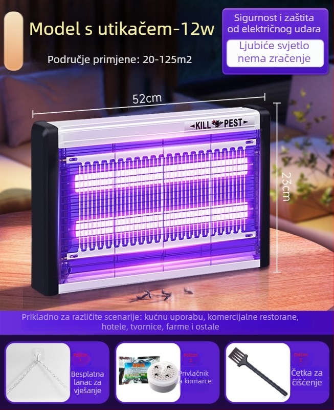 Zidna LED lampa za komarce s privlačenjem svjetlom i elektrošokom, aluminijska mreža, pogodna za 61 m² i više, 2 godine garancije