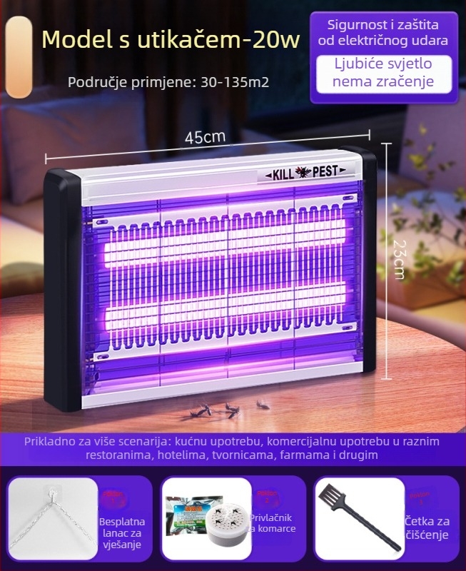 Zidna LED lampa za komarce s privlačenjem svjetlom i elektrošokom, aluminijska mreža, pogodna za 61 m² i više, 2 godine garancije