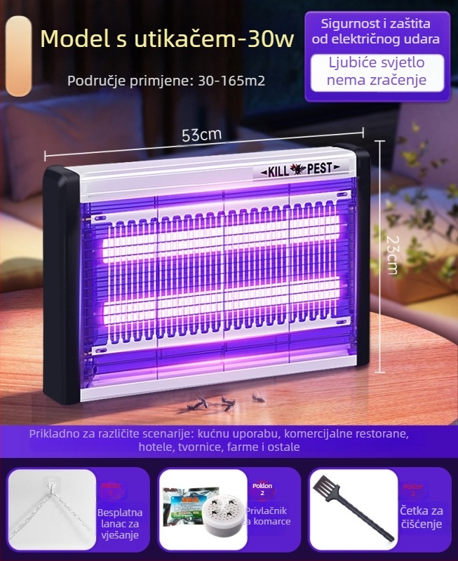 Zidna LED lampa za komarce s privlačenjem svjetlom i elektrošokom, aluminijska mreža, pogodna za 61 m² i više, 2 godine garancije