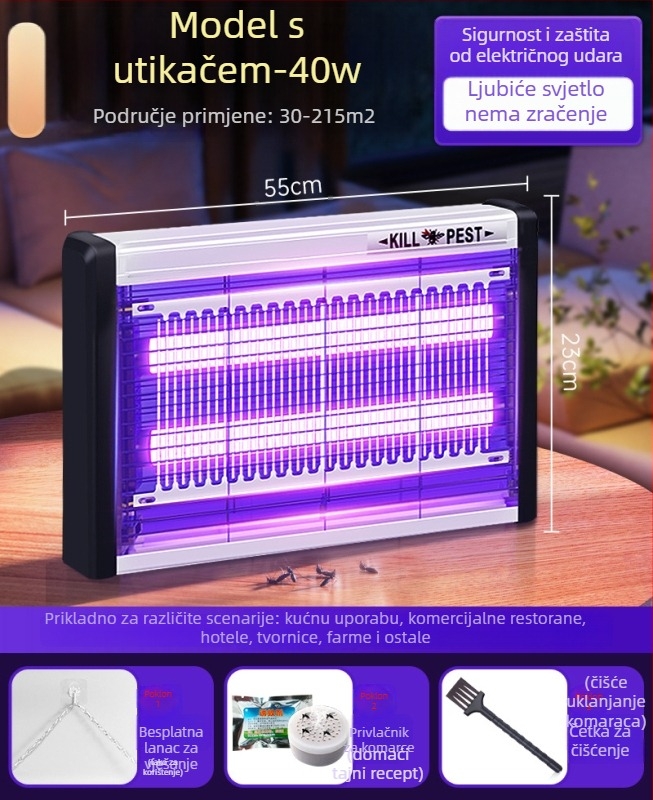 Zidna LED lampa za komarce s privlačenjem svjetlom i elektrošokom, aluminijska mreža, pogodna za 61 m² i više, 2 godine garancije