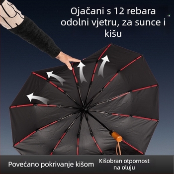 Sklopivi kišobran s drvenom ručkom, 24 rebara, automatsko otvaranje i zatvaranje, mogućnost otiska logotipa, UV zaštita UPF50+