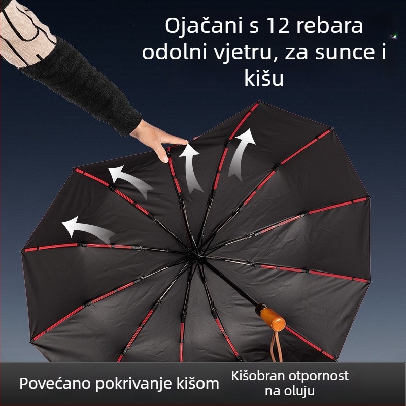 Sklopivi kišobran s drvenom ručkom, 24 rebara, automatsko otvaranje i zatvaranje, mogućnost otiska logotipa, UV zaštita UPF50+