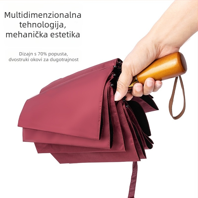 Sklopivi kišobran s drvenom ručkom, 24 rebara, automatsko otvaranje i zatvaranje, mogućnost otiska logotipa, UV zaštita UPF50+