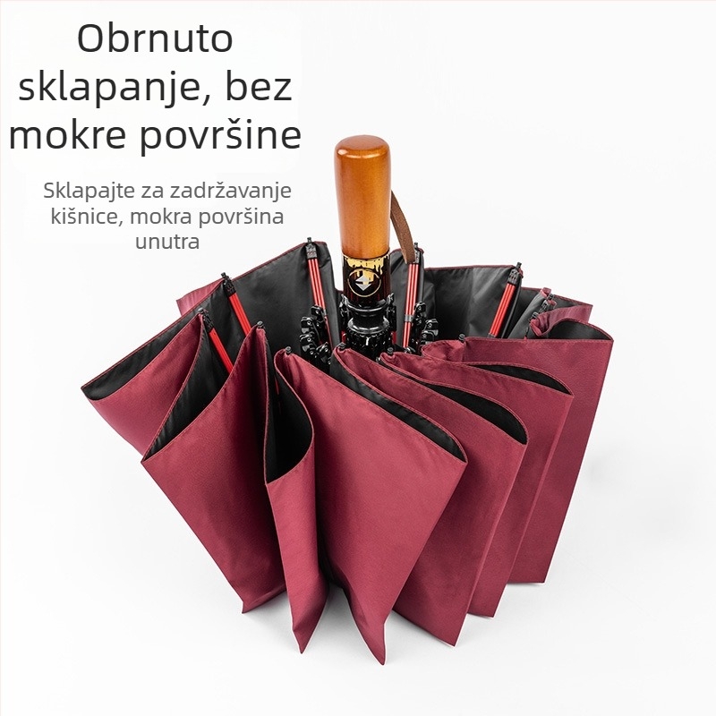 Sklopivi kišobran s drvenom ručkom, 24 rebara, automatsko otvaranje i zatvaranje, mogućnost otiska logotipa, UV zaštita UPF50+
